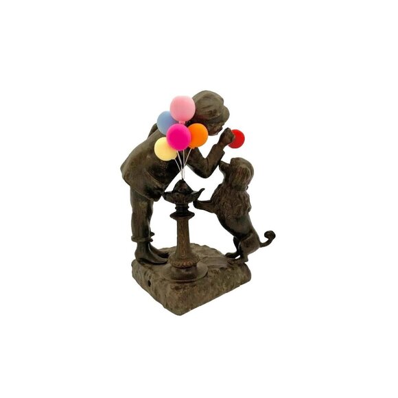 Dog Love Balloon Sculpture Man with Pet Poodle French Metal Vintage Statue